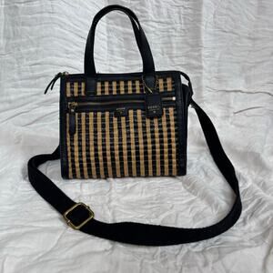RARE Fossil Black and Tan Striped Leather Trim Satchel Crossbody Bag